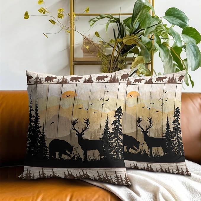 Rustic Deer Throw Pillows Cover Set of 2, Wild Animal Bear Wood Cabin Cotton Square Throw Pillow Case Decorative Cushion Cover Pillowcase Sofa 22"x 22"