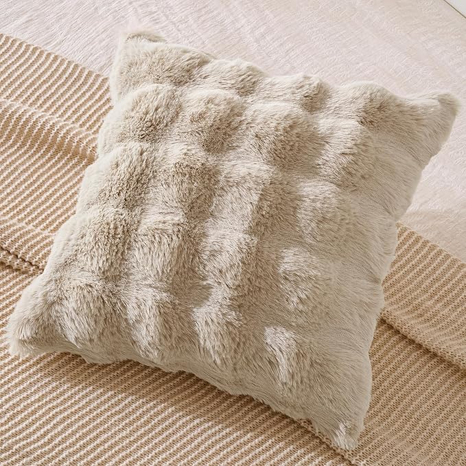 AmHoo Pack of 2 Throw Pillow Covers 3D Dense Faux Rabbit Fur Cozy Super Soft Fuzzy Set Case Cushion for Couch Sofa Bedroom 20 x 20-Inch Oatmeal