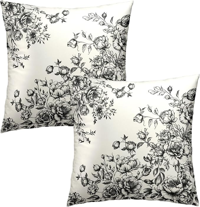 Vintage Flower Pillow Covers 22x22 Inch Set of 2 Black White Chinoiserie Floral Rustic Farmhouse Square Pillowcases Cotton Cushion Cover for Couch Patio Sofa Bed Home Decoration