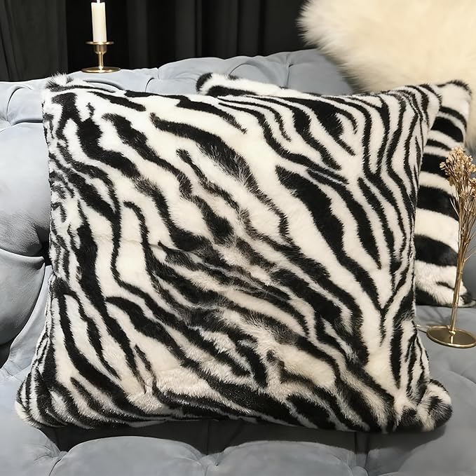 Black White Square Pillow Cover Soft Fluffy Fuzzy Faux Fur Zebra Stripe Throw Pillows Modern Decorative Accent Cushion Covers Pillowcase for Couch Sofa Living Room Bedroom, 18x18