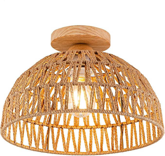 Boho Light Fixtures Ceiling Rattan Lights Boho Chandelier Flush Mount Ceiling Light Wooden Canopy Woven Lamp Shade Small Chandelier for Hallway Foyer Entrance Bedroom Kitchen Nursery Lighting Fixture