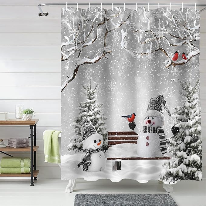 Winter Christmas Shower Curtain, Cute Snowman Cardinals Shower Curtains Set with Hooks, GreySnowy Pine Forest Waterproof Fabric Bathroom Curtains Decor Home Accessories,72X 96 Inch Extra Long