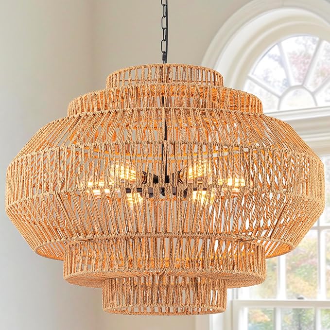 Large Rattan Chandelier Boho Pendant Light Fixture Dinning Room Chandelier Boho Hanging Light 31.5IN Basket Light Woven Rattan Pendant Light for Kitchen Island Hallway Bedroom Farmhouse Living Room