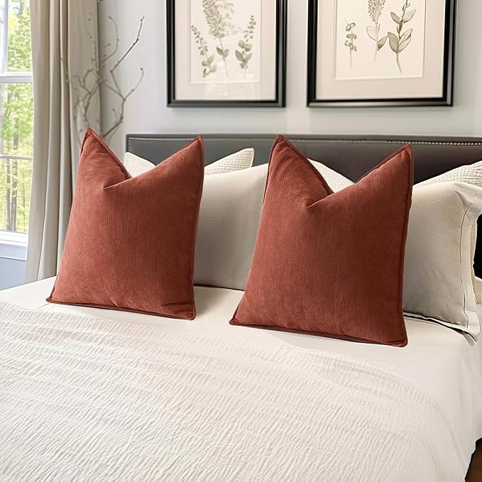 MIULEE Fall Pack of 2 Rust Decorative Pillow Covers 22x22 Inch Chenille Luxurious Couch Throw Pillows Farmhouse Cushion Covers Euro Shams with Elegant Design for Sofa Bedroom Living Room Home Decor