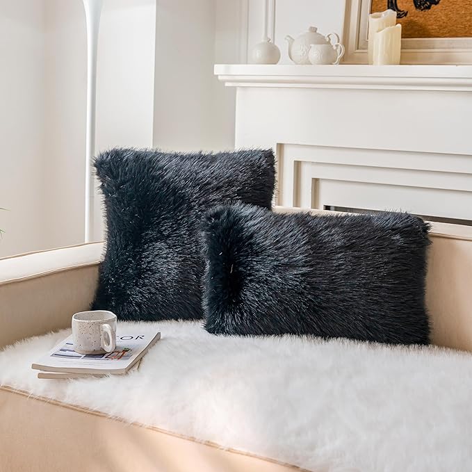 Neelvin Black Faux Fur Cozy Fluffy Double-Sided Decorative Throw Pillow Covers 22x22 inch Set of 2,Velvet Pillowcase Cushion Case for Sofa Couch
