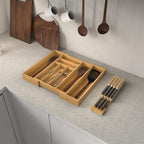 Bamboo Kitchen Drawer Organizer, Expandable Utensil Organizer with Removable Knife Block, Cutlery Tray Holder with Divider, Adjustable Silverware Organizer, Wood Tableware Dividers Storage