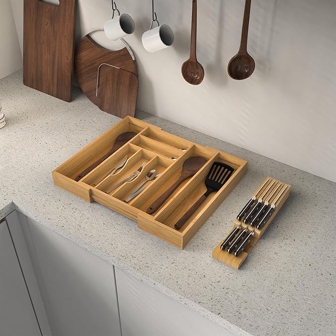 Bamboo Kitchen Drawer Organizer, Expandable Utensil Organizer with Removable Knife Block, Cutlery Tray Holder with Divider, Adjustable Silverware Organizer, Wood Tableware Dividers Storage