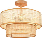 Hamilyeah Boho Ceiling Light Fixture Flush Mount Double Layer, 16 Inch Light Fixture Ceiling Mount with Wicker Shade, Woven Rattan Lights Ceiling for Living Room, Bedroom, Kitchen