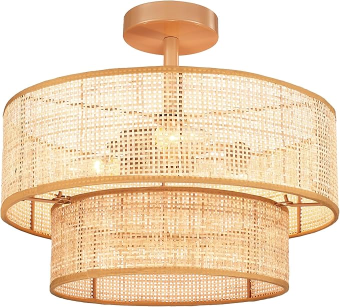 Hamilyeah Boho Ceiling Light Fixture Flush Mount Double Layer, 16 Inch Light Fixture Ceiling Mount with Wicker Shade, Woven Rattan Lights Ceiling for Living Room, Bedroom, Kitchen