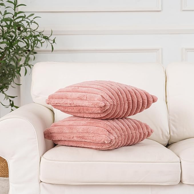 NiNi ALL Faux Fur Plush Throw Pillow Covers Pink 22x22 Inch Set of 2 Decorative Soft Plush Striped Couch Pillow Cover for Sofa Cushion Cases for Couch Bed Home Decor