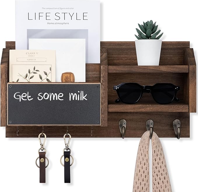 Mail and Key Holder – Wall Mount Key Hanger with Shelf and 7 Metal Hooks – Decorative Natural Paulownia Wood Entryway Organizer with Mounting Hardware (16.5”W x 8.7”H x 3.5”D) (Brown)