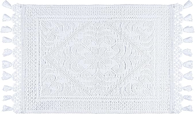 Savi Home Cotton Woven Jacquard Bathroom Rug Set of 2, Woven Fringe Bathroom Mats, 100% Cotton, Non - Slip Bath Mat, Durable Thick Bath Mat 17”x30”& 20"x38" with Fringes, White