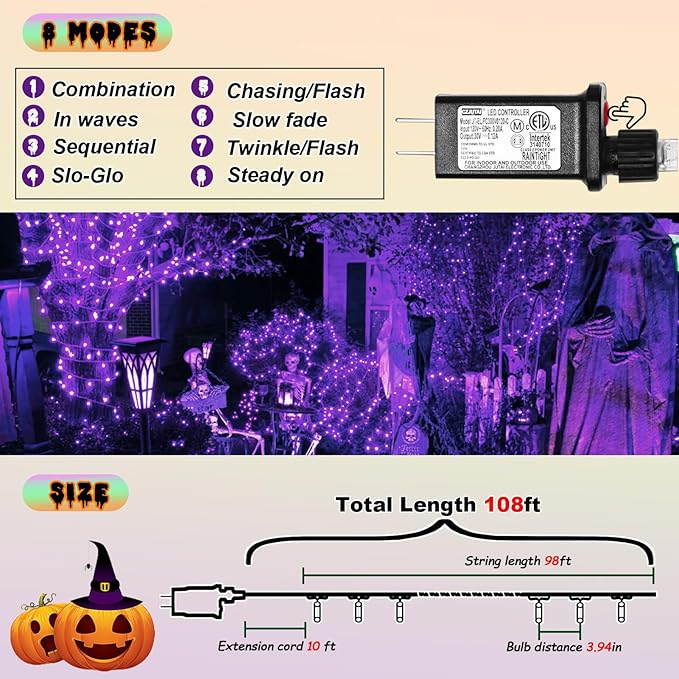 ILLUMINEW 300 Led Purple Outdoor String Lights, 108 Ft Halloween Decor with 8 Modes, Waterproof Plug in Fairy Lights for Bedroom Yard Wedding Room Decor