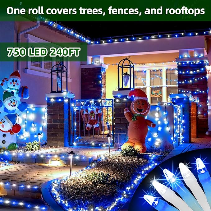 750 LED Chrstmas Lights, 240ft Outdoor Christmas String Lights with 12 Modes, Blue Cool White LED String Lights with Timer Dimmable Waterproof for Tree Fence Xmas Wedding Party Decor Blue & Cool White