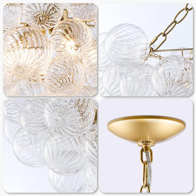 Longree Nordic Bubble Ball Swirled Glass Chandelier, Diam 24 inch Gild Gold and Clear Blown Glass Hanging Pendant Light Fixture for Bedroom Study Restaurant