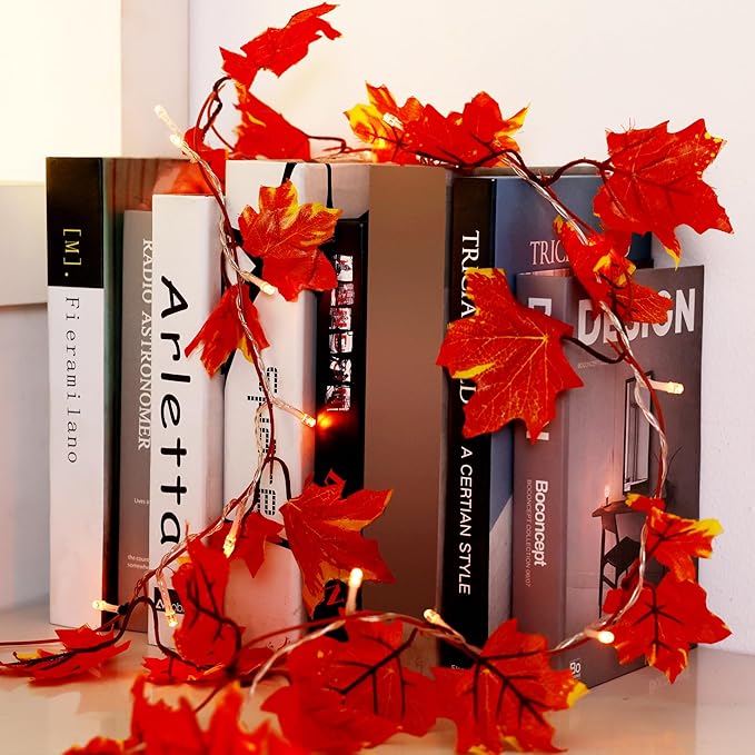 VCOKEN Fall Maple Leaf Garland - Outside Fall Decor with Battery Operated - Outdoor Decor Garlands with 24 Warm Lights for Home Holiday Autumn Garland Indoor Table Door