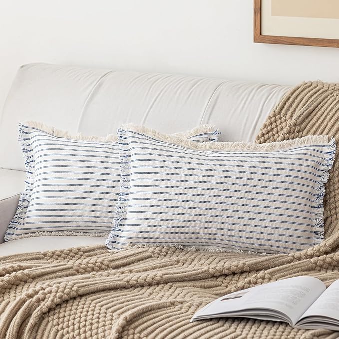 Throw Pillow Covers 12x20 Set of 2 Striped Fringe Pillow Cover Farmhouse Cushion Covers with Tassel Neutral Boho Pillows Decorative Square Pillowcase for Couch Sofa Bed, Blue