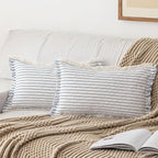 Throw Pillow Covers 12x20 Set of 2 Striped Fringe Pillow Cover Farmhouse Cushion Covers with Tassel Neutral Boho Pillows Decorative Square Pillowcase for Couch Sofa Bed, Blue