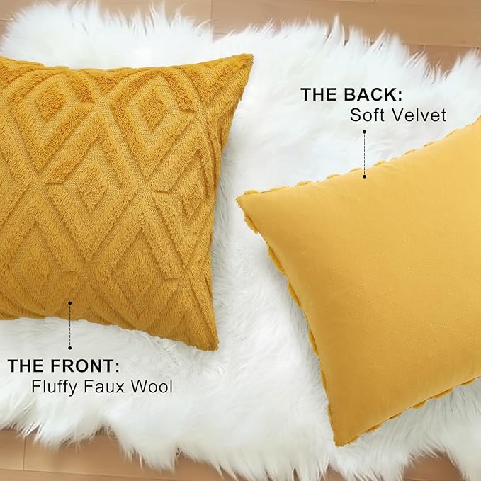decorUhome Couch Throw Pillow Covers 12x20 Set of 2, Decorative Soft Plush Faux Wool Lumbar Neutral Accent Pillow Covers for Bed Sofa Living Room, Mustard Yellow
