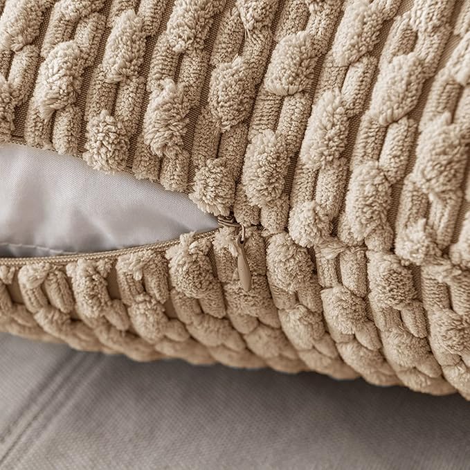 MIULEE Pack of 2 Decorative Throw Pillow Covers 18x18 Inch Soft Boho Striped Textured Corduroy Pillow Covers Modern Farmhouse Home Decor for Couch Bed Sofa Living Room Neutral Tan