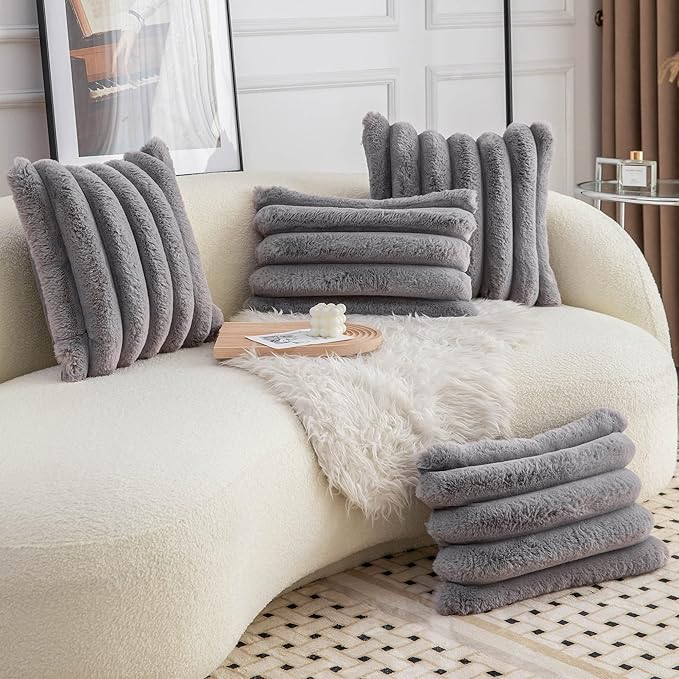Neelvin Grey Faux Fur Cozy Soft Striped Decorative Throw Pillow Covers 18x18 inch Set of 2,Velvet Pillowcase Cushion Case for Sofa Couch