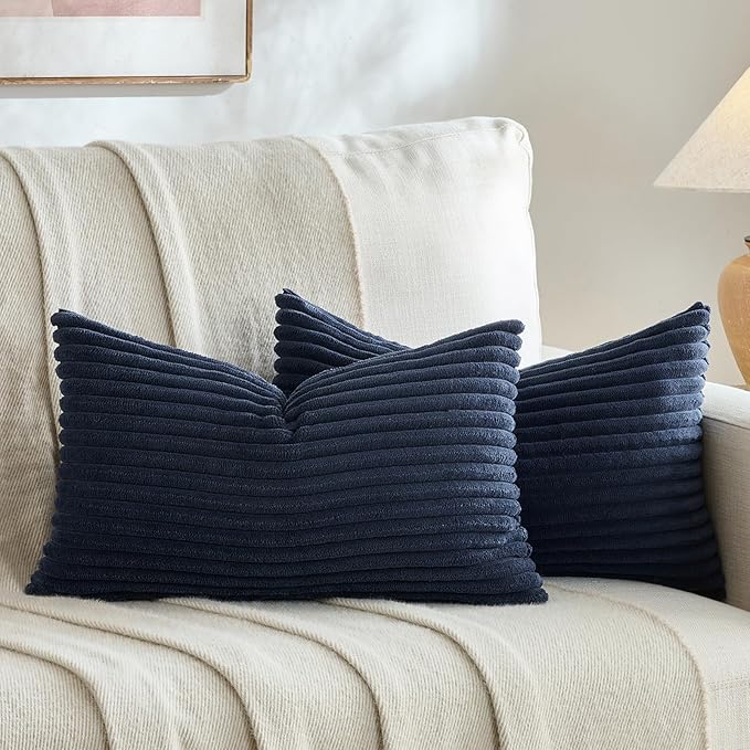 Fancy Homi Set of 2 Navy Blue Boho Small Lumbar Decorative Throw Pillow Cover 12x20 Inch for Couch Bed Chair, Aesthetic Modern Bohemian Room Decor, Soft Fluffy Corduroy Rectangle Cushion Case 30x50cm