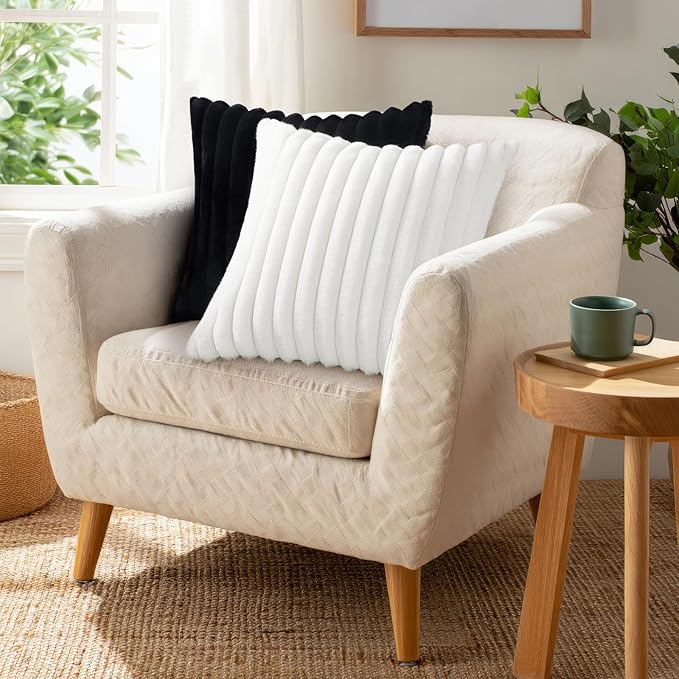 Pallene Faux Fur Plush Throw Pillow Covers 18x18 Set of 2, Luxury Soft Fluffy Striped Decorative Pillow Covers for Sofa, Couch, Living Room, White