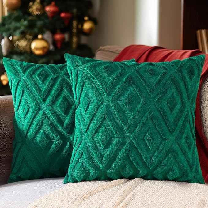Pallene Christmas Green Throw Pillow Covers 18x18 Set of 2, Soft Plush Faux Fur Decorative Couch Pillow Covers for Sofa Bed Living Room Pillow Cases with 3D Diamond Pattern