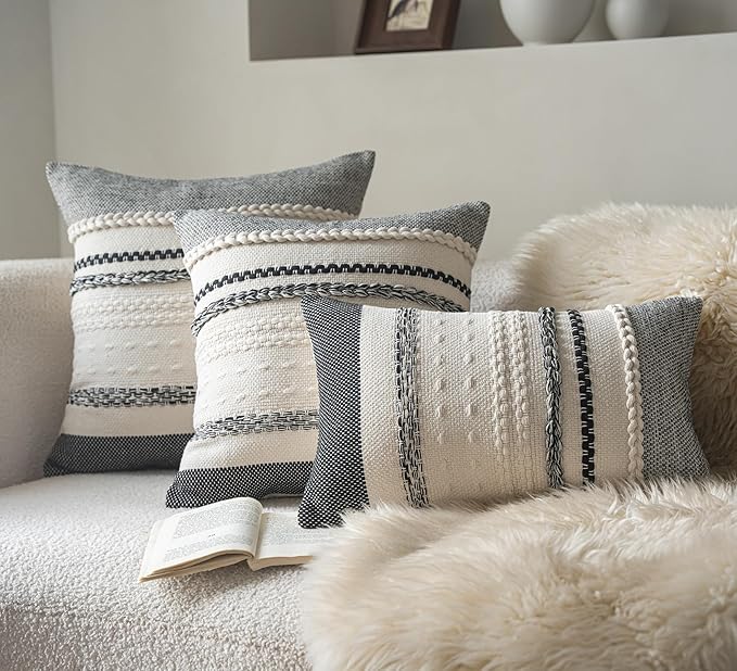 Boho Throw Pillow Covers 18x18 Inch Set of 2, Black Textured Decorative Couch Pillow Cases for Farmhouse Home Decor, Accent Cushion Cover for Sofa, Bed, Living Room, Bedroom