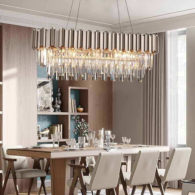 L43.3 Modern Rectangle Crystal Chandelier Nickel Linear Pendant Ceiling Light Fixture for Dining Room Contemporary Oval Raindrop Chandeliers Lighting for Kitchen Island 13-Light
