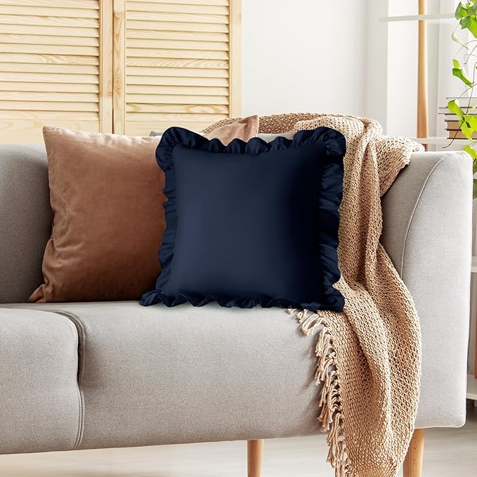 KKJIAF Ruffle Pillow Cases 24x24 Inches, Navy Blue Square Ruffled Pillow Covers Set of 2, Microfiber Wrinkle Resistant Pillow Shams with Envelope Closure for Sofa Bed Living Room