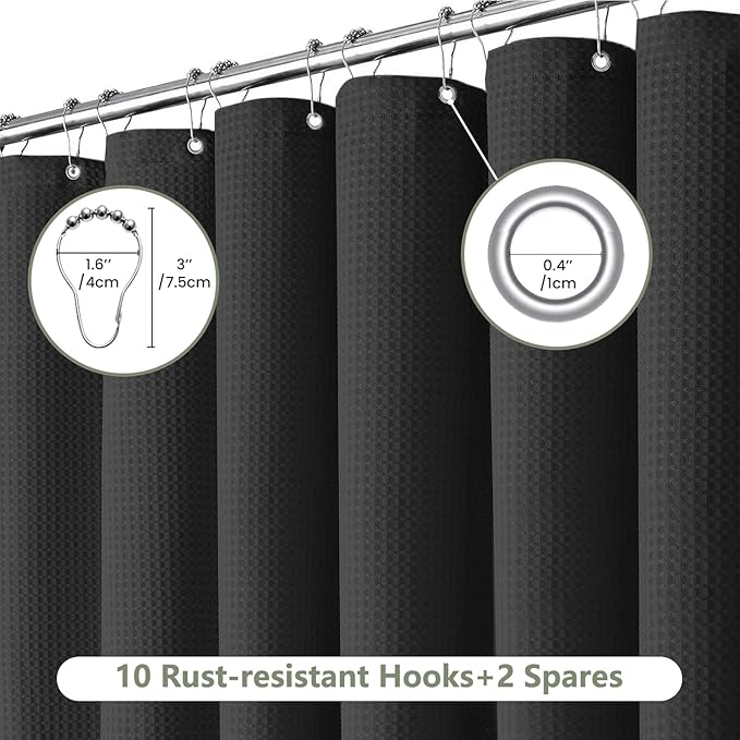 Inhousolu Fabric Shower Curtain Waffle Weave, 230 GSM Heavy Duty, Weighted Hem, 12 Metal Hooks, Water Repellent, Machine Washable, Hotel Spa Luxury Bath Curtain Set, 60 x 72 Inch, Black