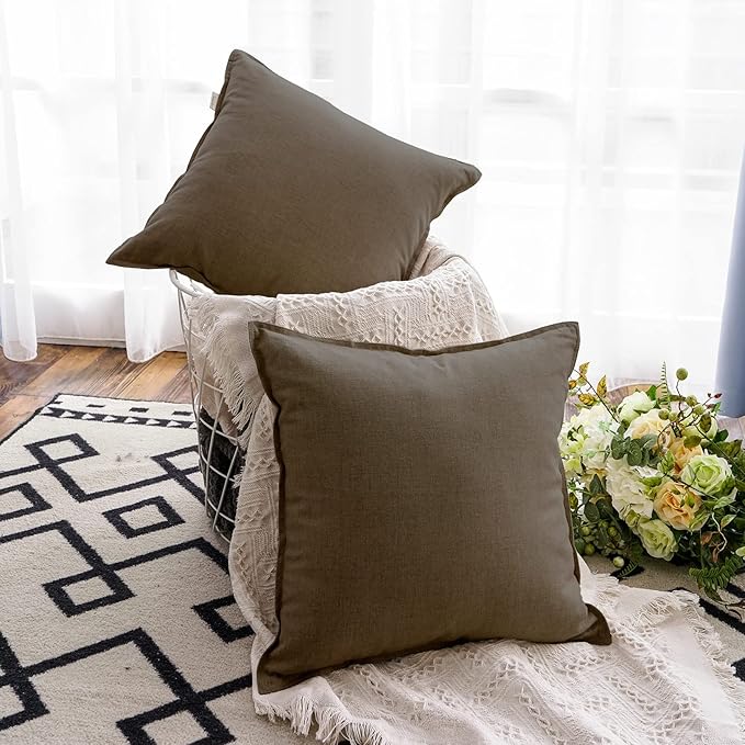 Jeanerlor Pack of 2 24 x 24 Inch Cotton Linen Soft Soild Decorative Square Throw Pillow Covers Green Cushion Case Set for Bedroom/Sofa/Car 60 x 60 cm, Khaki