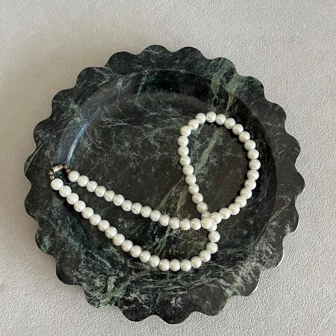 Travertine Marble Scalloped Tray Round Wave Tray Small Serving Platter for Counter, Bathroom, Kitchen, Nightstand, Jewelry Ring Dish Holder (White Dark Green)