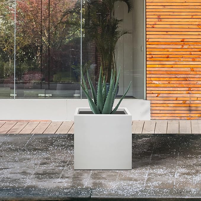Kante 10 Inch Square Concrete Planter for Outdoor Indoor Home Patio Garden, Large Plant Pot with Drainage Hole and Rubber Plug, Pure White