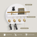 Nekon Key Holder for Wall - 9.8 Inch Apartment Wall Decor with Shelf and 8 Key Hooks, Circular Wood Key Hanger for Home Decor (White with Golden Hooks)