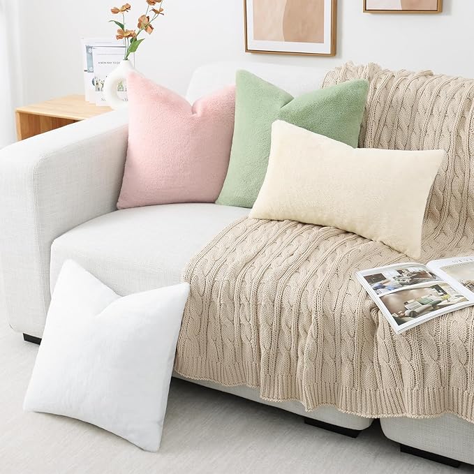 Pallene Faux Fur Plush Throw Pillow Covers 26x26 Set of 2, Soft Fluffy Couch Pillow Covers for Living Room, Beige
