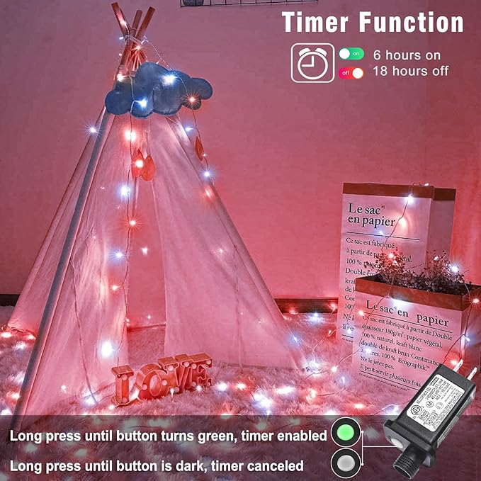 66FT 200 LED Christmas Lights Outdoor, Plug in Christmas String Lights Indoor, Waterproof & 8 Modes & Timer Function, Connectable Fairy Twinkle Light for Bedroom Classroom Wedding Decor, Red White