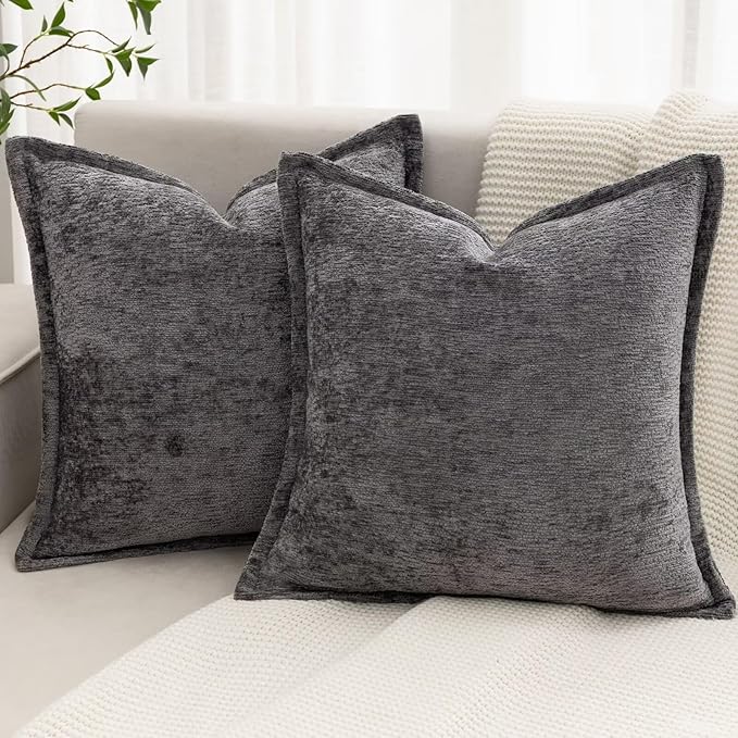 Grey Decorative Throw Pillow Covers 24x24 Inch Set of 2 Cozy Soild Chenille Cushion Cases Soft Textured Square Couch Pillows Cover Boho Accent Farmhouse Pillowcases for Sofa Bed