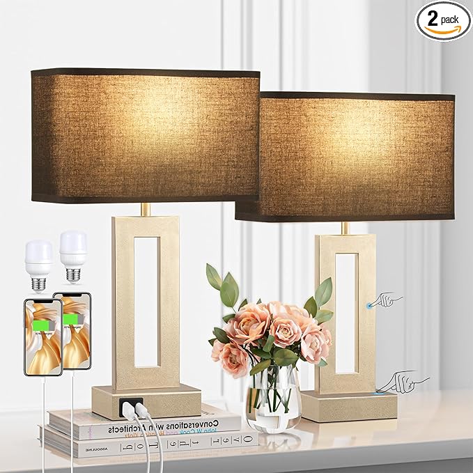 Bedroom Table Lamps Set of 2 - Black Gold Touch Bedside Lamps with USB C+A, 3 Way Dimmable Gold Lamp for Nightstand, Modern Night Stands Lamps for Living Room
