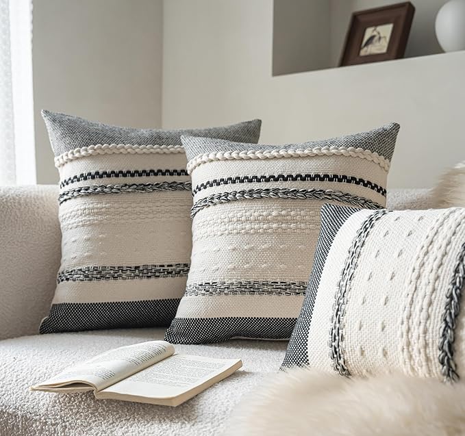 Boho Throw Pillow Covers 18x18 Inch Set of 2, Black Textured Decorative Couch Pillow Cases for Farmhouse Home Decor, Accent Cushion Cover for Sofa, Bed, Living Room, Bedroom