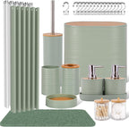 LightGreen Bathroom Set, 25 PCS Bathroom Accessories Set with Shower Curtains, Rugs, Trash Can, Toothbrush Holder, Soap Dispensers, Toothbrush Cup, Vanity Tray, Soap Dish, Toilet Brush, Qtip Holders