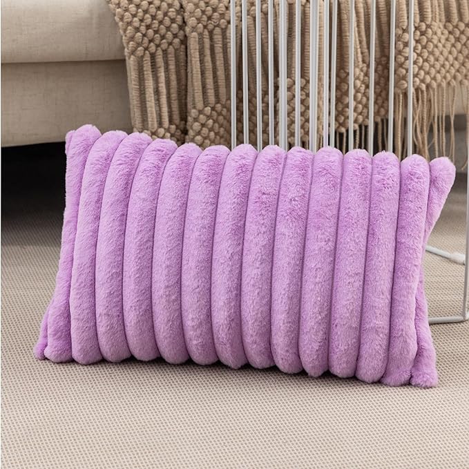ZLINA Set of 2 Light Purple Faux Fur Decorative Throw Pillow Covers Fluffy Striped Pillowcase Cushion Covers 12 x 20 Inch Decor Sofa Couch Bedroom