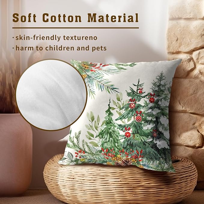 Christmas Tree Throw Pillow Covers 18x18 Set of 2, Xmas Pine Trees Bells Winter Holiday Farmhouse Decorative Pillow Cases Cotton Cushion Cover for Home Room Bed Sofa Couch Chair