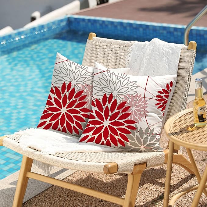 Red and Pink Grey Floral Pillow Covers 20x20 Set of 2 Outdoor Waterproof Decorative Throw Pillows Valentines Pillow Covers Polyester Cushion Case Decor for Couch Patio Funiture Garden Porch 01X20