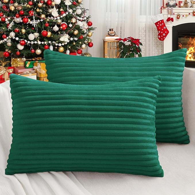 Simmore Decorative Throw Pillow Covers 12x20 Set of 2, Soft Natural Plush Flannel Double-Sided Fluffy Lumbar Pillow Covers for Couch Sofa Living Room, Green
