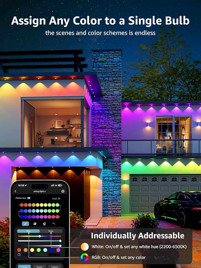 Lepro E1 AI Permanent Outdoor Lights APP Control, 150ft 90 LED Smart RGB+IC+Warm/Cool White House Eave Lights for Halloween Christmas, Alexa Google Enabled 2.4 GHz WiFi/Bluetooth, NO Remote Controller
