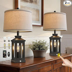 BOBOMOMO 23.75" Farmhouse Black Table Lamps Set of 2– Rustic Bedside Lamps with 3 Way Dimmable Touch Control Night Light & USB A+C Ports, Modern Lamp for Bedroom, Living Room, Entryway