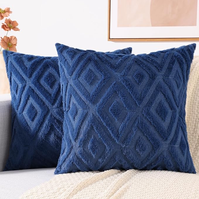 decorUhome Couch Throw Pillow Covers 20x20 Set of 2, Decorative Soft Plush Faux Wool Neutral Accent Pillow Covers for Bed Sofa Living Room, Blue