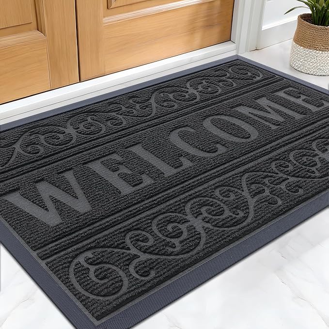 OLANLY Welcome Door Mat Indoor Outdoor Entrance, Heavy Duty Sturdy Front Door Mat, Waterproof All-Weather Doormat, Stain Resistant, Low Profile, Easy Clean Patio Entryway Mat, 29.5 x 17, Black